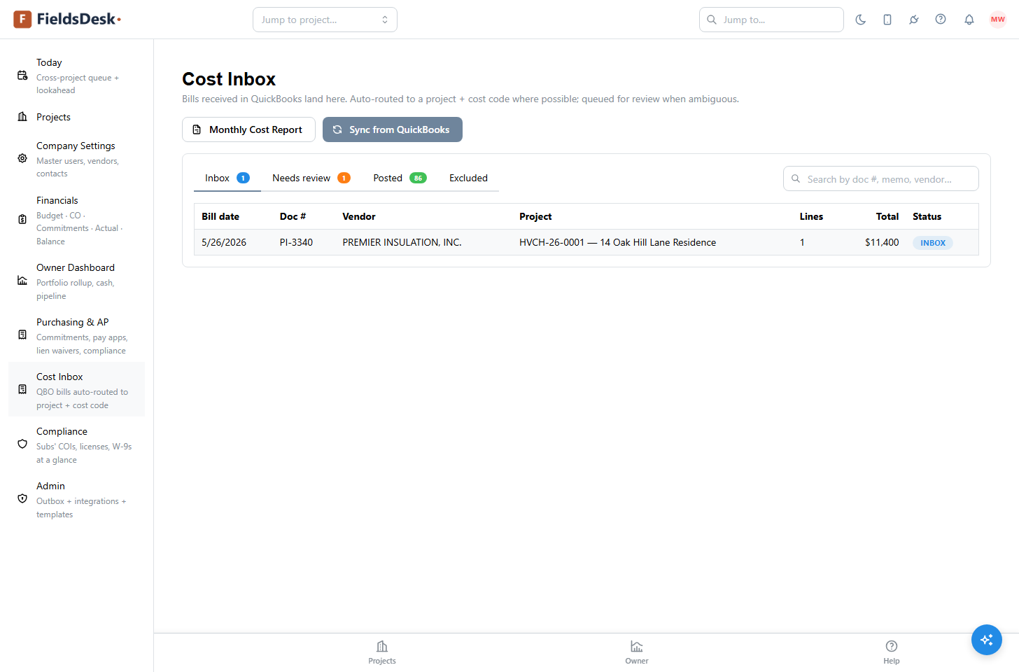 Cost Inbox showing a synced QuickBooks vendor bill auto-routed to a project and cost code, with a Sync from QuickBooks action