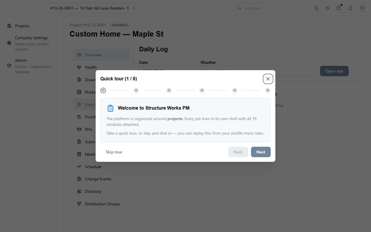 Daily log entry: weather row, manpower table by trade, notes section, and photo grid