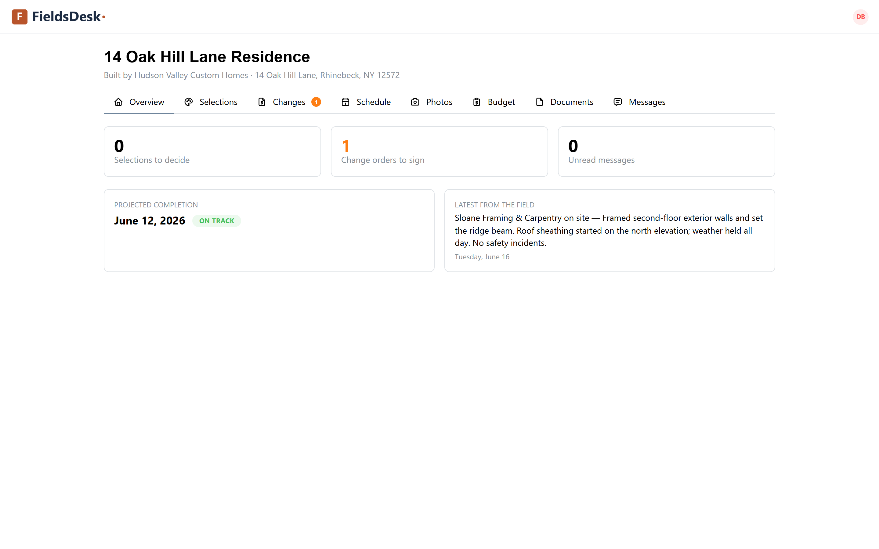 The homeowner's portal home: their project, projected completion with an on-track badge, action tiles (selections to decide, change orders to sign, unread messages), and the latest field update