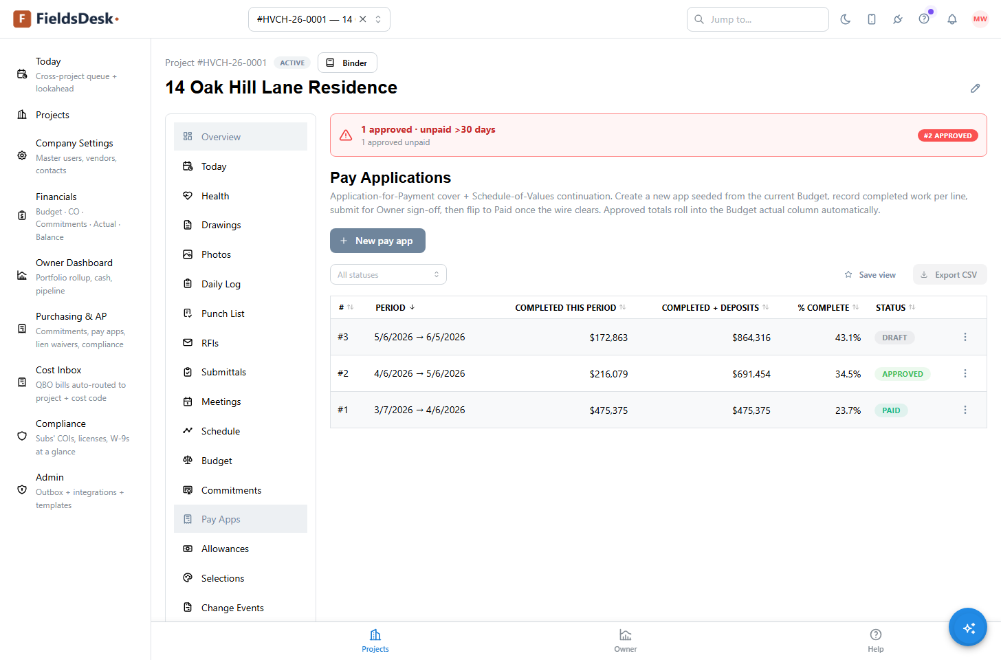 Pay Applications module listing owner pay applications by period with completed amounts, percent complete, and draft/approved/paid status