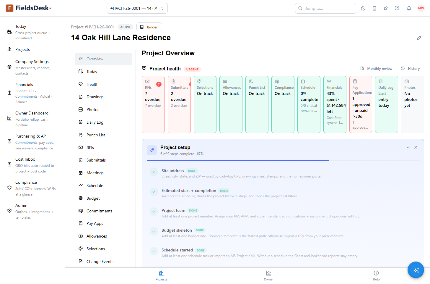 A project Overview screen with a row of project-health status cards and a project-setup checklist