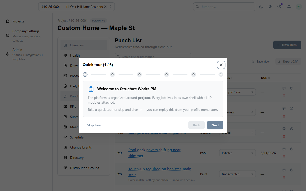 Punch list grouped by location with closeout percentages