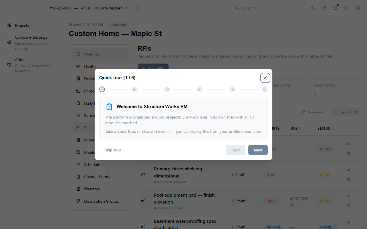 RFI list view: 8 RFIs with statuses, assignees, and days-since-asked