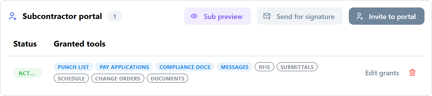Subcontractor-portal panel on the commitment: invited sub status, granted-tools summary, and Sub preview / Send for signature / Invite to portal controls