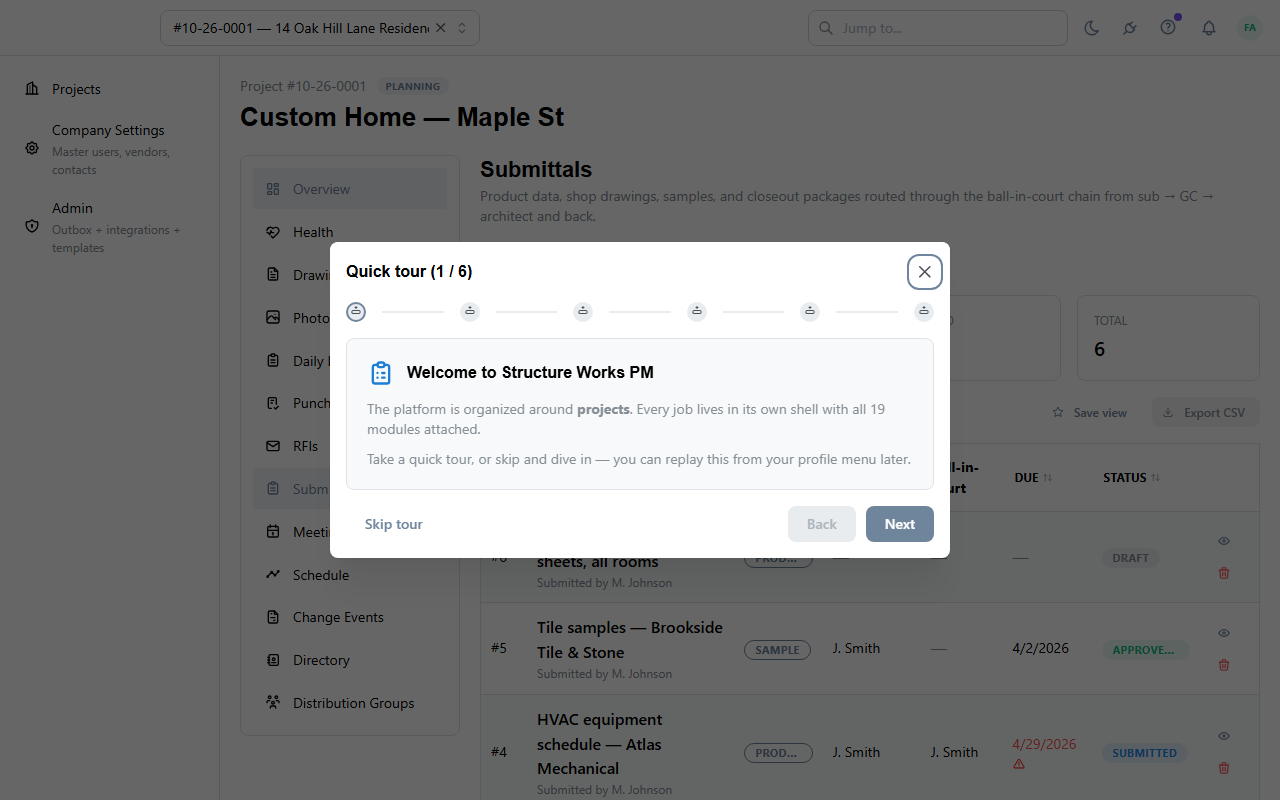 Submittals list grouped by spec section with status badges